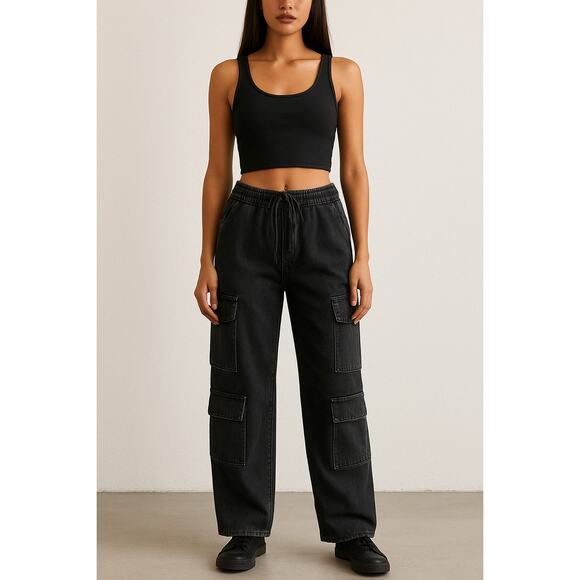 AMERICAN BAZI Black Washed Wide-Leg Cargo Style Drawstring Pants NWT size Small - Picture 1 of 14